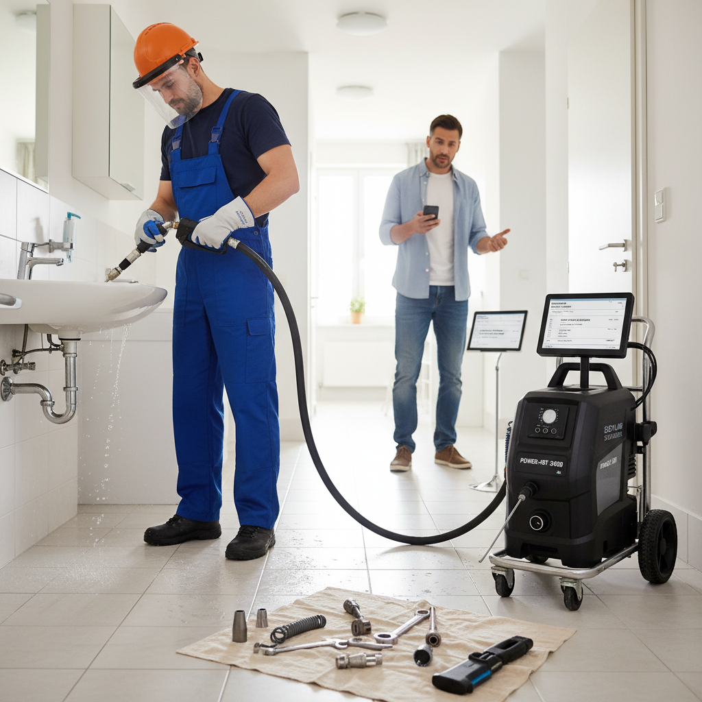 Um técnico uniformizado de uma desentupidora profissional, com equipamentos modernos (como hidrojateamento), trabalhando de forma eficiente para resolver um entupimento em um apartamento, com o inquilino observando à distância, simbolizando a <b>contratação de serviços de desentupimento</b>.