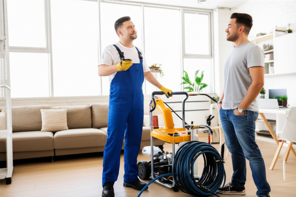 Profissional encanador, com equipamentos de desentupimento (máquina de desentupir ou hidrojato), conversando de forma cordial com um inquilino em um apartamento. A cena deve transmitir confiança no serviço e a resolução profissional do problema.