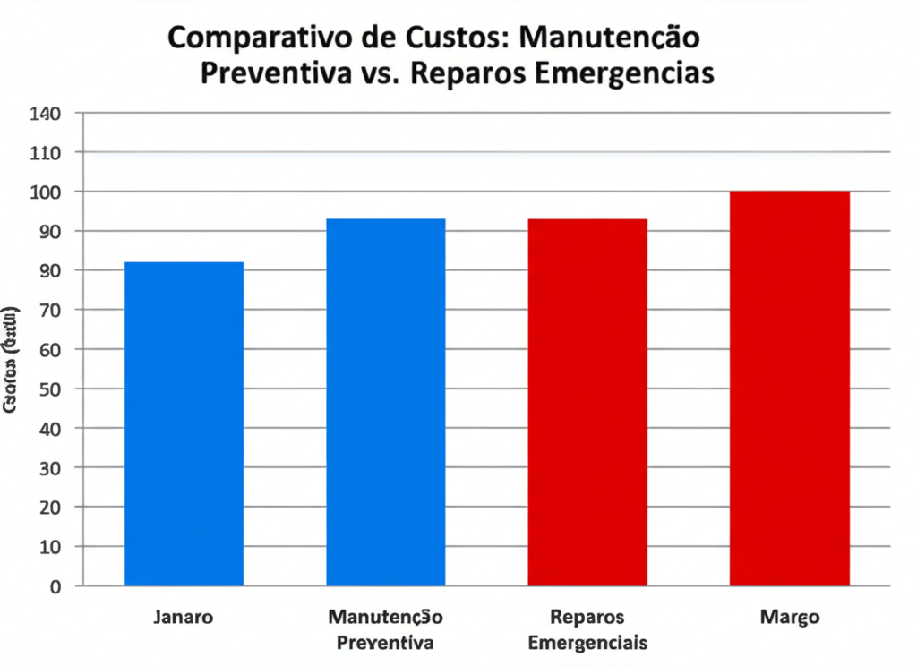 Gráfico comparando os custos de manutenção preventiva com os custos de reparos emergenciais.