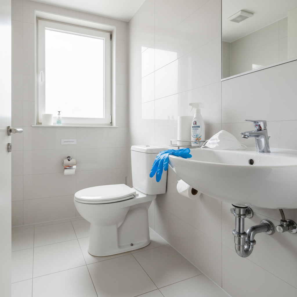 Imagem detalhada de um vaso sanitário com manchas visíveis de água suja e resíduos, destacando as áreas críticas que exigem limpeza e desinfecção. Foco em gotículas e respingos no entorno.