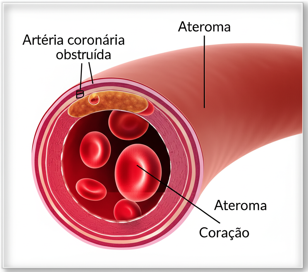 Ilustração de uma artéria coronária obstruída por uma placa de ateroma, mostrando a restrição do fluxo sanguíneo para o coração.