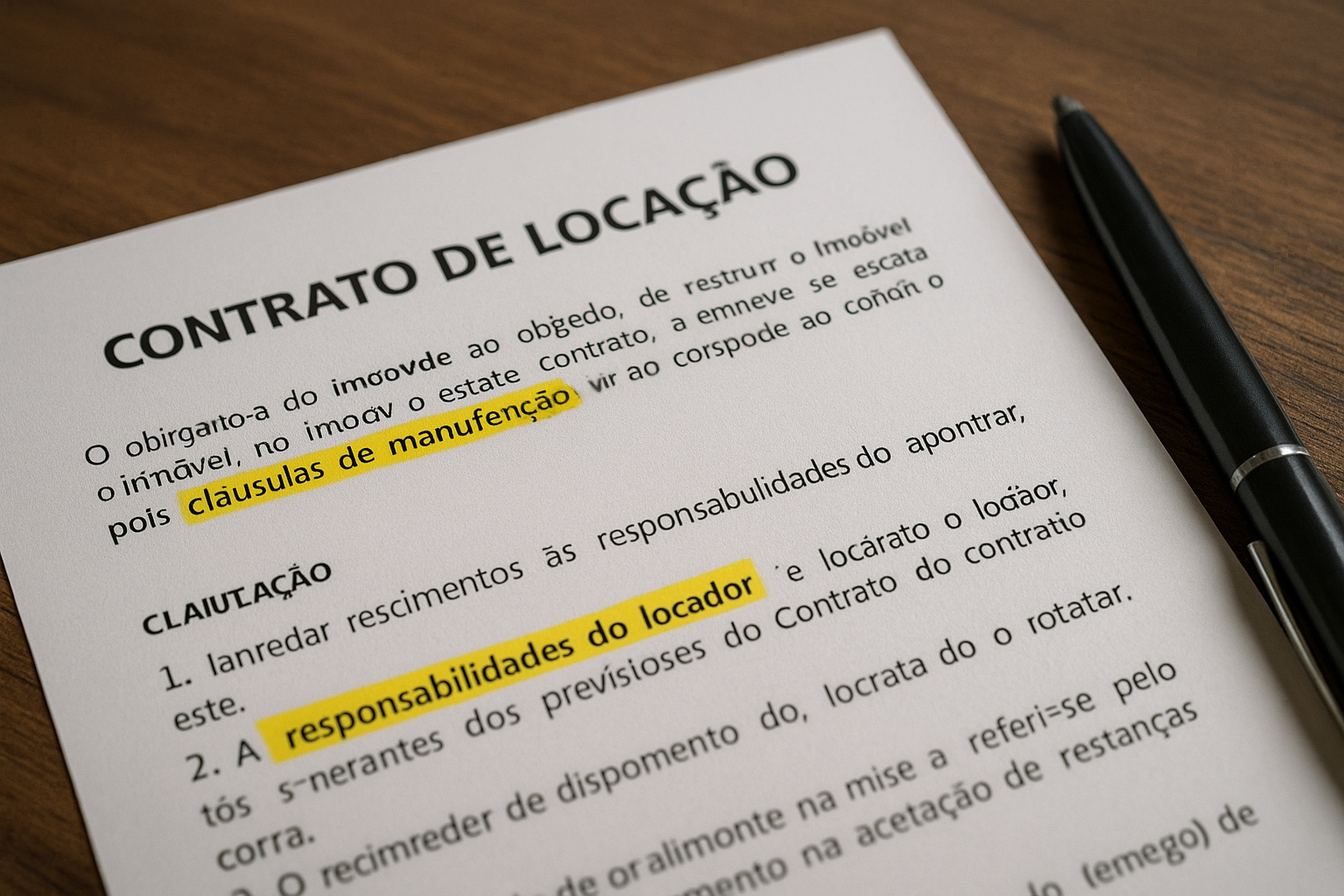 Imagem de um contrato de locação aberto em uma mesa, com uma caneta e trechos destacados sobre