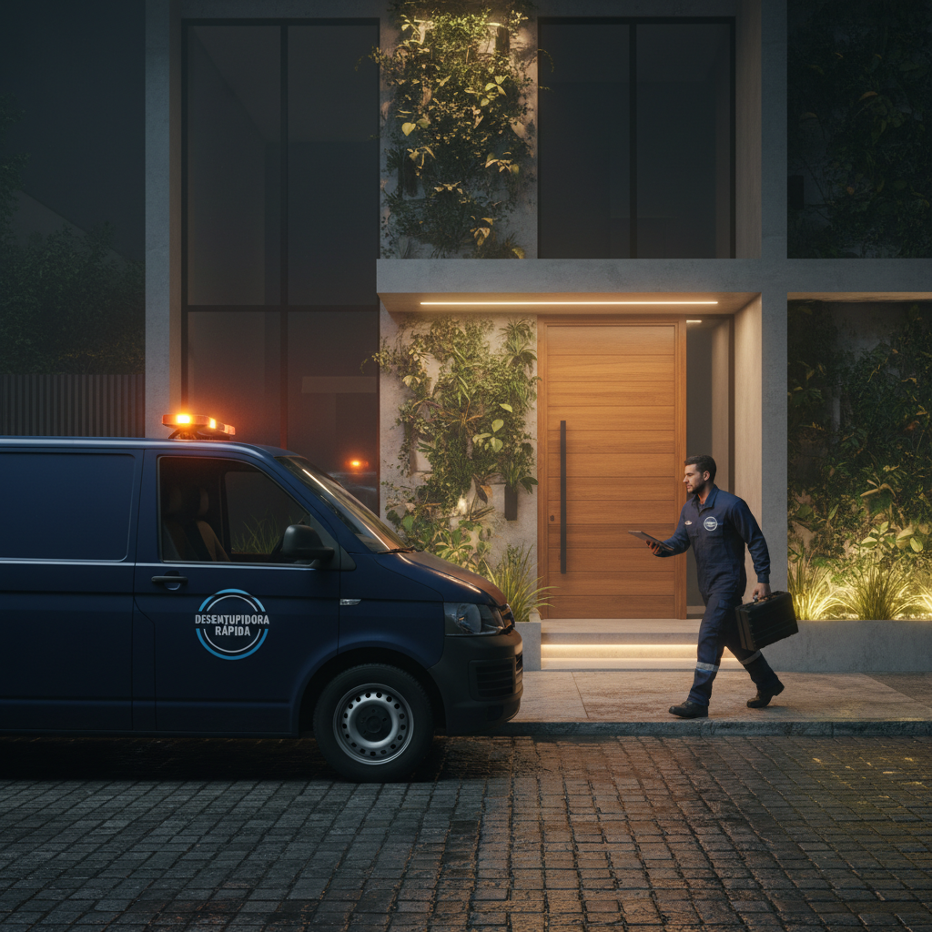 Uma imagem noturna da cidade de São Paulo com uma viatura de serviço de desentupimento com luzes de emergência acesas, estacionada em frente a uma residência, transmitindo a ideia de urgência e atendimento a qualquer hora. O profissional está saindo do veículo com ferramentas.