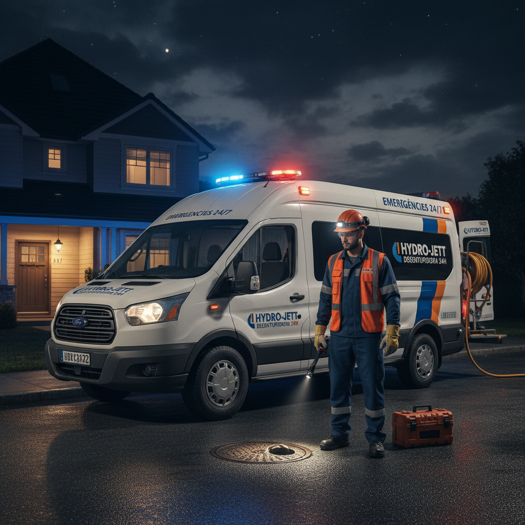 Um técnico de desentupimento em um veículo de serviço profissional, estacionado em frente a uma residência à noite, com luzes de emergência. O técnico está preparado para iniciar o trabalho, transmitindo a ideia de serviço 24 horas e prontidão para emergências. A cena é realista e noturna.