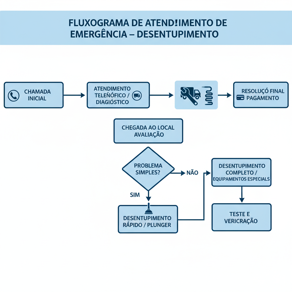 Fluxograma simplificado de um atendimento de emergência em desentupimento, desde a chamada inicial até a resolução do problema, com ícones de telefone, caminhão e equipamentos.