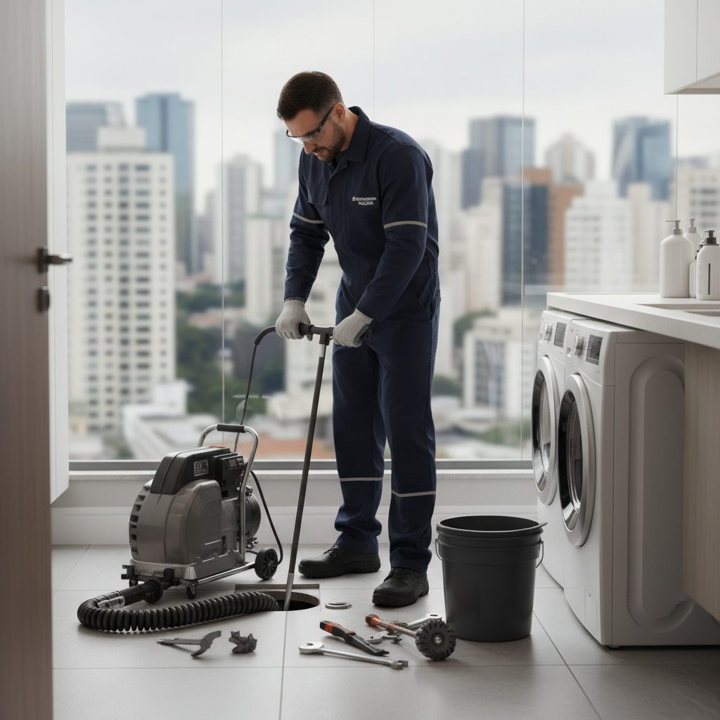 Uma imagem de um técnico de desentupimento uniformizado, com equipamentos profissionais (como uma máquina de desentupir rotativa), trabalhando em uma lavanderia moderna em São Paulo, transmitindo eficiência e seriedade. O fundo pode mostrar o skyline da cidade embaçado.