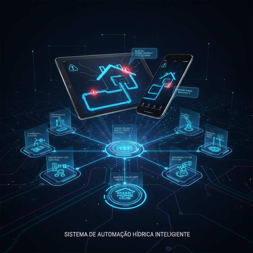 Esquema de um sistema de automação residencial integrado ao monitoramento hidráulico, exibindo alertas em um tablet ou smartphone sobre anomalias no fluxo de água. O design é futurista, destacando a inovação e o controle preditivo.