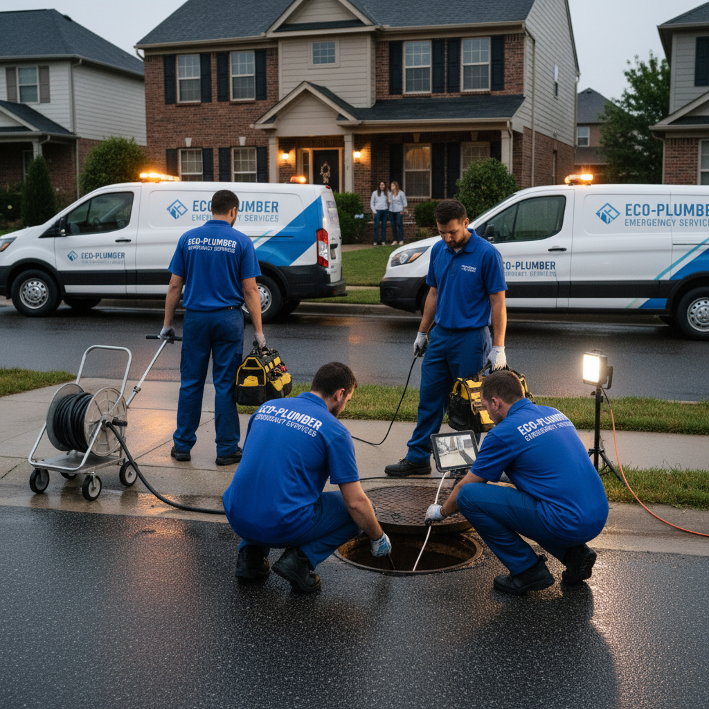 Técnicos de desentupidora chegando em um local de emergência com equipamentos, realizando uma inspeção minuciosa com câmera de vídeo.