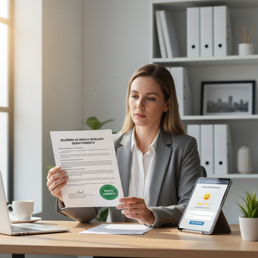 Uma gestora de imóveis revisando um relatório de serviço detalhado de desentupimento, com o selo de
