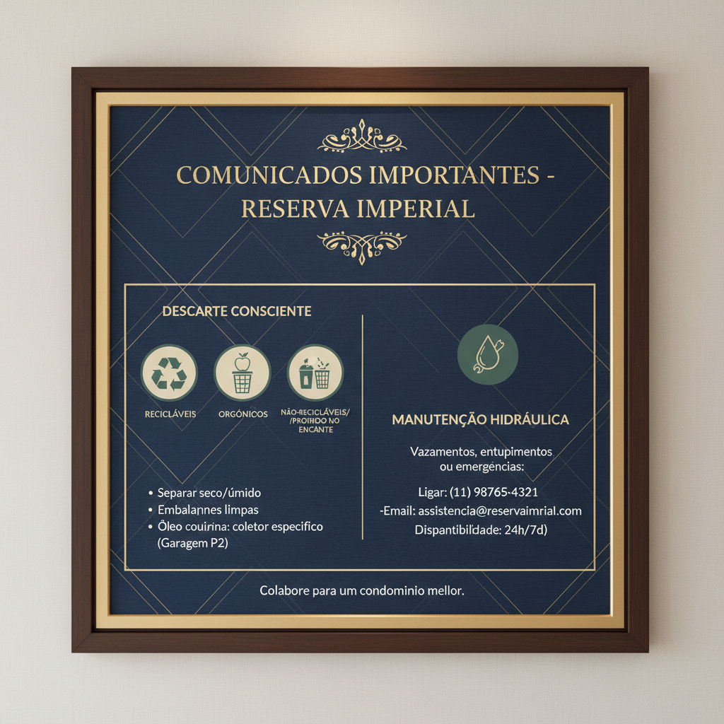 Ilustração de um mural de avisos em um condomínio premium, exibindo informações sobre boas práticas de descarte e contato para manutenção hidráulica. O design é elegante e informativo, visando a colaboração dos moradores.