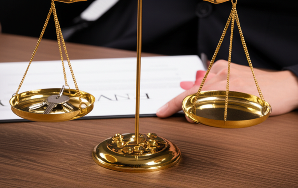 Balança da justiça, simbolizando a divisão de responsabilidades entre inquilino e proprietário em um contrato de aluguel.