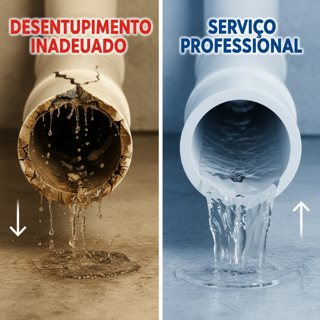 Comparativo em duas cenas: À esquerda, uma tubulação danificada por um desentupimento inadequado (rachaduras, vazamentos). À direita, uma tubulação limpa e íntegra após um serviço profissional, com fluxo de água desobstruído. A imagem deve focar na integridade estrutural e na diferença de resultado.