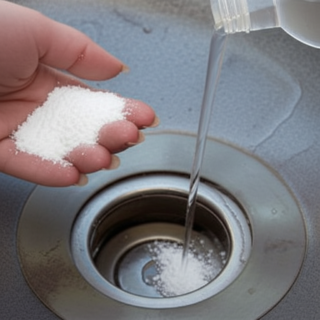 Mistura de bicarbonato de sódio e vinagre sendo utilizada para desentupir um ralo.