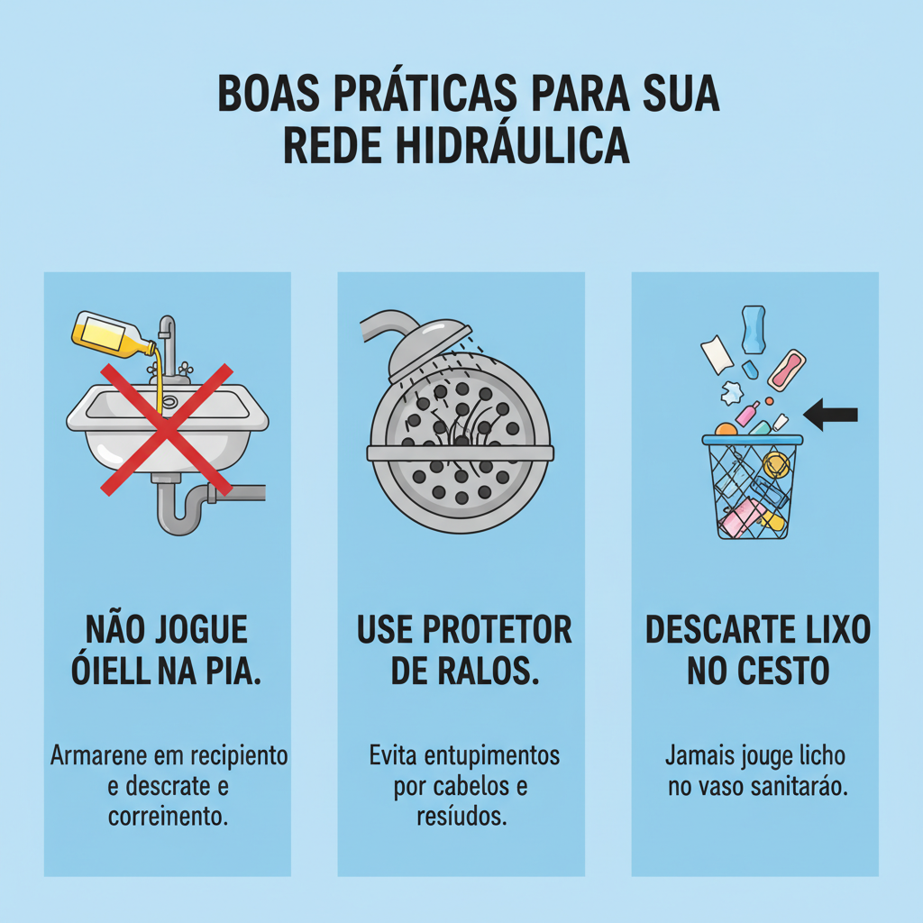 Infográfico com dicas claras e ilustrações sobre boas práticas de uso da rede hidráulica: não jogar óleo na pia, usar protetor de ralo, descarte correto de lixo. O design é educativo e de fácil compreensão.