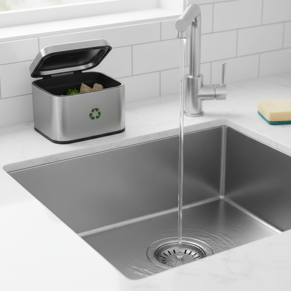 Close-up de uma pia de cozinha com uma grelha de ralo e uma lixeira pequena ao lado, simbolizando o descarte correto de resíduos e a prevenção de entupimentos. Água escorrendo livremente pelo ralo. Ambiente limpo e funcional.