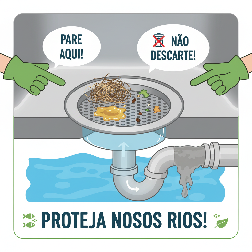 Ilustração didática de um ralo de pia com uma tela de proteção e itens que não devem ser descartados (fios de cabelo, óleo, restos de comida). O estilo é informativo e amigável, incentivando a conscientização.