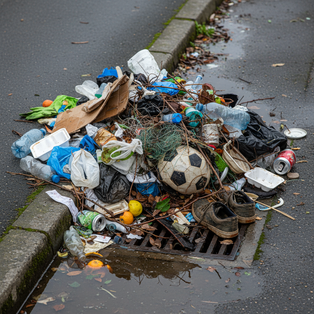 Foto de um bueiro entupido com diferentes tipos de lixo, evidenciando a diversidade dos detritos.