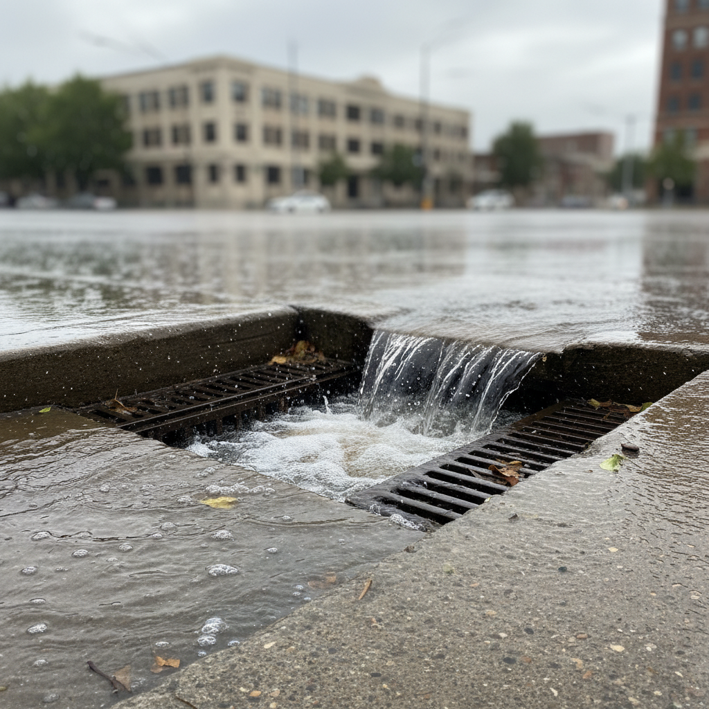 Imagem de um bueiro urbano em funcionamento, com água sendo drenada eficientemente.