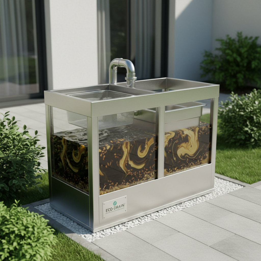 Uma caixa de gordura moderna, com múltiplos compartimentos e sistema de filtragem de resíduos, instalada em uma área externa limpa de uma casa, simbolizando a adequação de sistemas para prevenir entupimentos na cozinha.