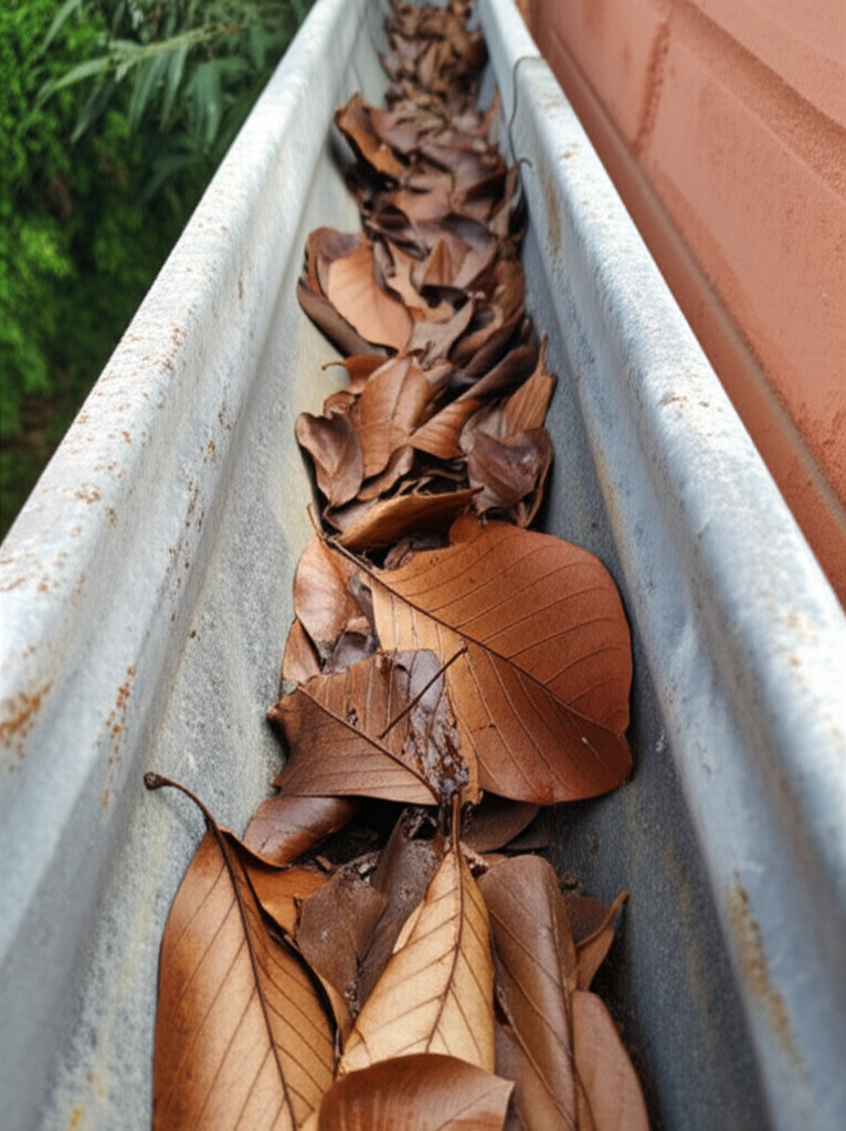 Calha antiga de zinco com sinais de corrosão e folhas acumuladas.