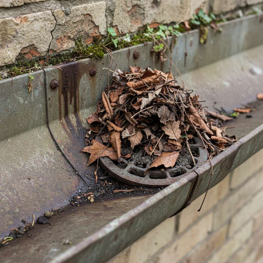 Uma calha antiga de metal, visivelmente desgastada, com folhas e detritos acumulados em um ponto, e um ralo de escoamento parcialmente bloqueado. A imagem deve transmitir a vulnerabilidade e a necessidade de manutenção, focando nos detalhes de degradação e acúmulo.