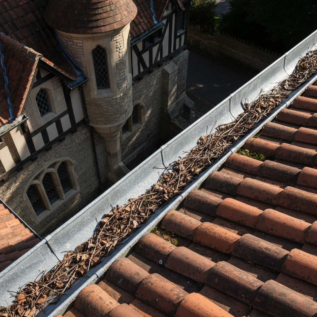 Visão aérea detalhada de uma calha antiga em um telhado de telhas cerâmicas, com focos de acúmulo de folhas e detritos visíveis. A estrutura da calha mostra sinais sutis de desgaste superficial, contrastando com a robustez da arquitetura histórica da casa ao fundo.