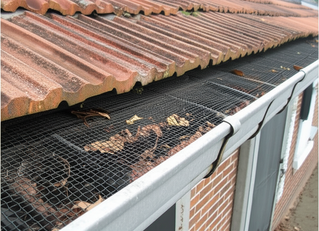 Calha de casa antiga com tela protetora instalada para evitar acúmulo de folhas.