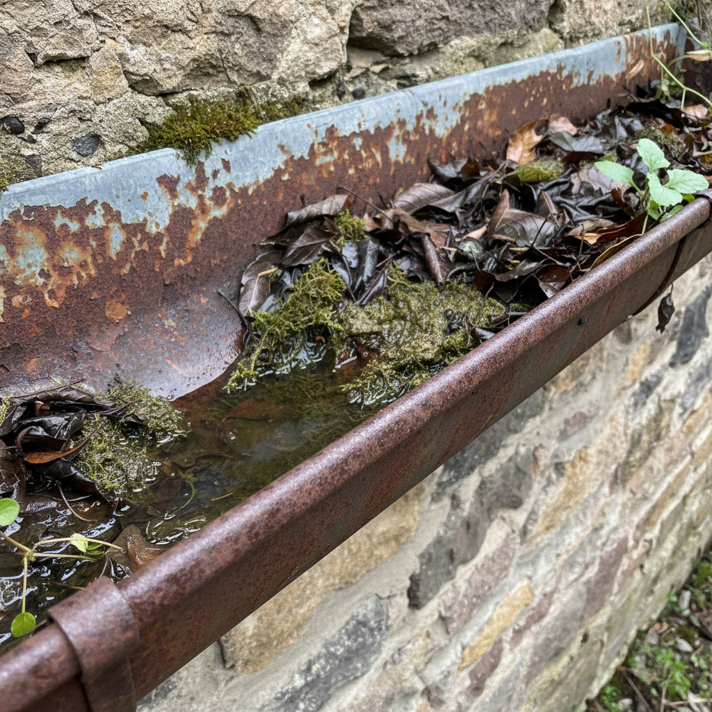 Vista detalhada de uma calha de metal enferrujada em uma casa antiga, com acúmulo visível de folhas molhadas e lodo. Uma pequena poça de água estagnada é visível, indicando fluxo deficiente, enquanto a ferrugem avança pela superfície metálica.