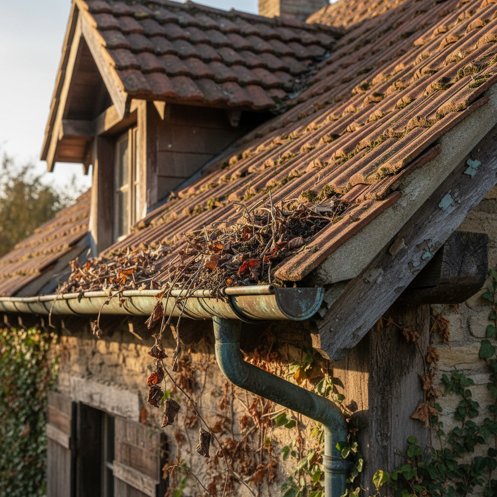 Imagem real de uma casa antiga com calhas visíveis, detalhando o material e a pátina do tempo. Pode-se observar folhas e detritos acumulados na calha, com uma perspectiva que destaca a arquitetura do telhado e a integração da calha com a estrutura. A luz natural realça a textura dos materiais.