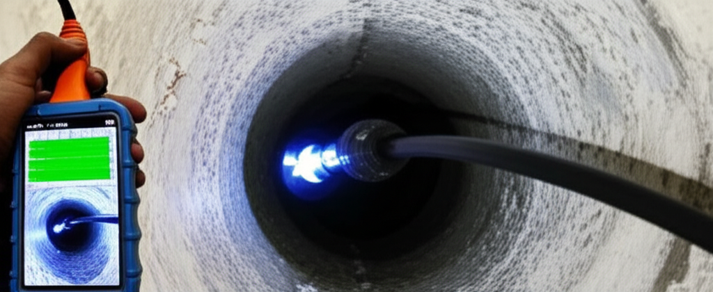 Câmera de inspeção sendo utilizada para verificar o interior de uma tubulação e identificar a causa do entupimento.