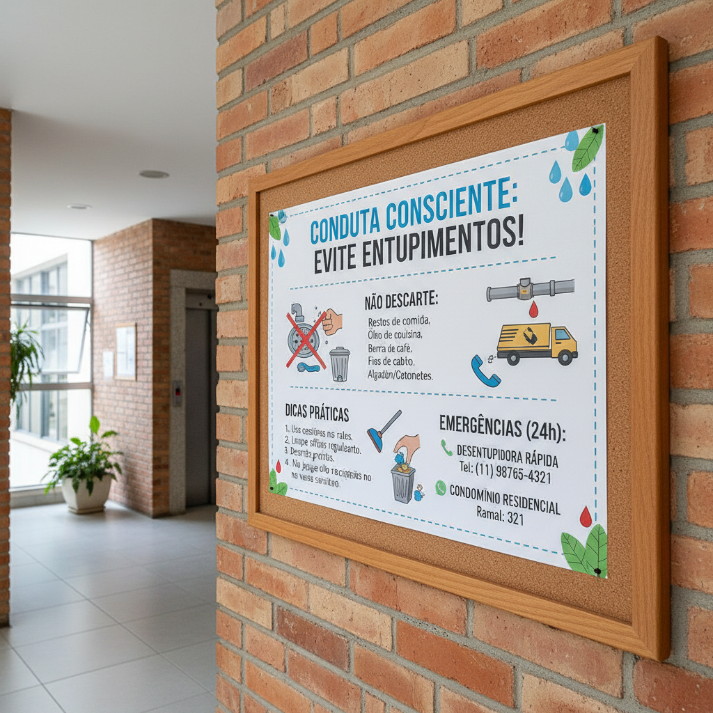 Uma placa informativa em um quadro de avisos de condomínio com ilustrações sobre como evitar entupimentos, incluindo dicas práticas e contatos de emergência para uma desentupidora. A mensagem é clara e visível. Ambiente comum de um edifício.