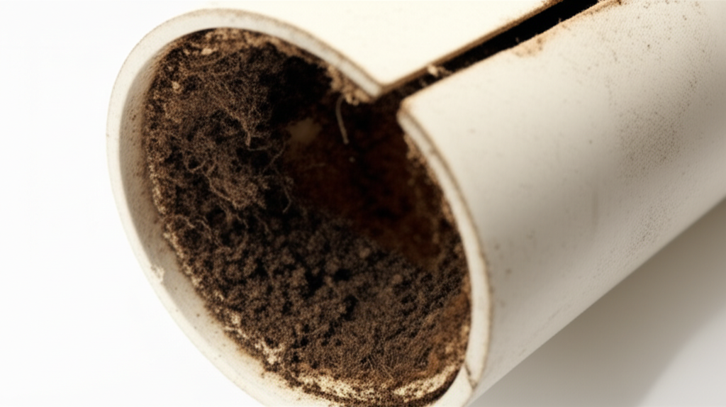 Foto de um cano danificado com acúmulo de resíduos, ilustrando as causas comuns de entupimentos.