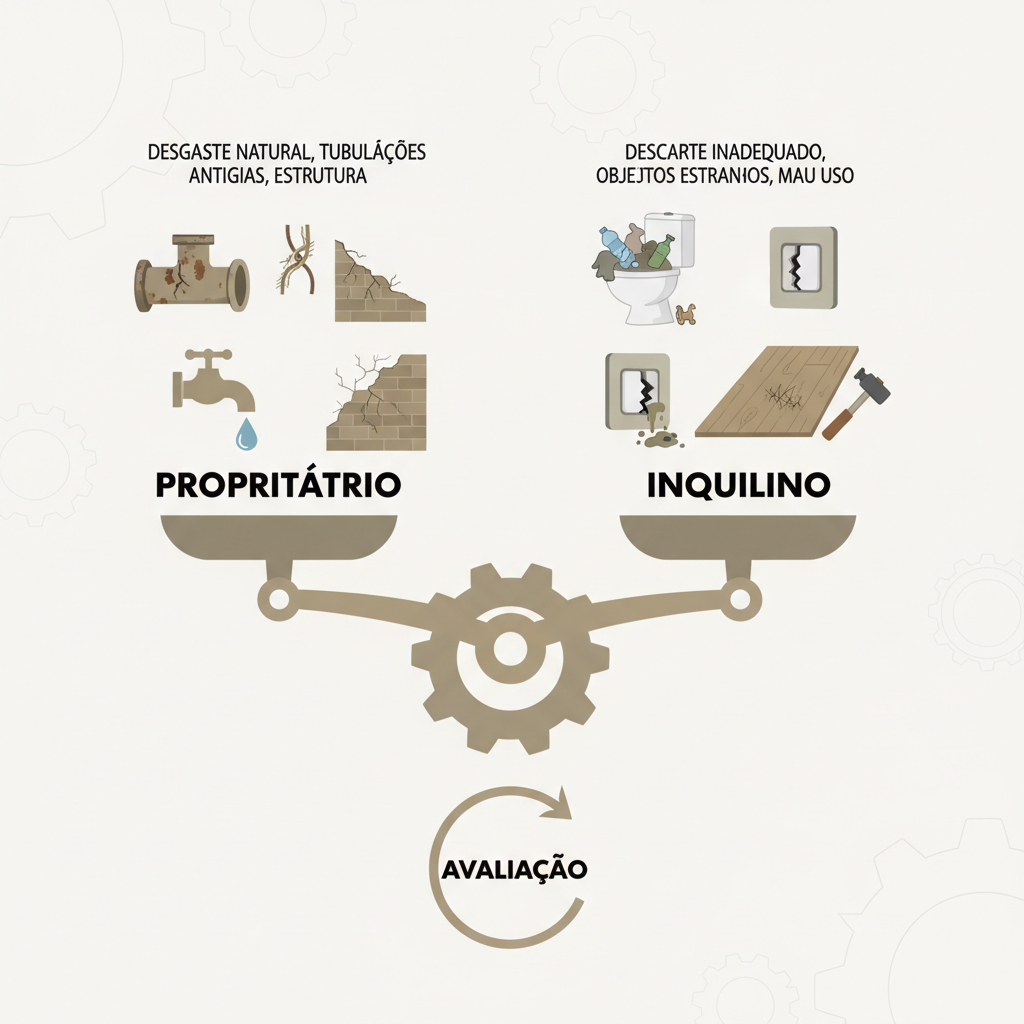 Gráfico comparativo esquemático ilustrando responsabilidades de manutenção: um lado com ícones de desgaste natural, tubulações antigas (proprietário), e outro com ícones de descarte inadequado, objetos estranhos (inquilino), com uma balança ao centro para simbolizar a avaliação.