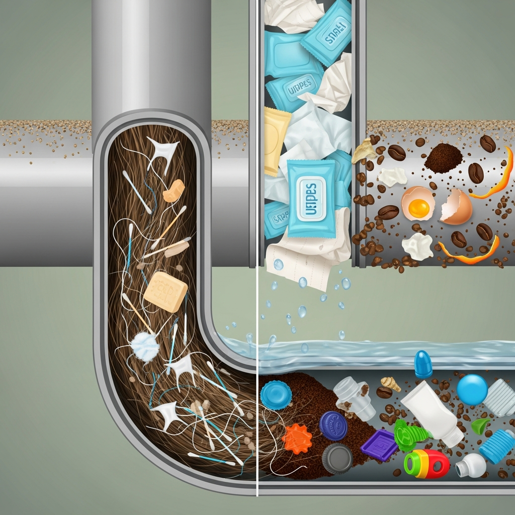 Ilustração de um sistema de encanamento mostrando áreas comuns de entupimento.