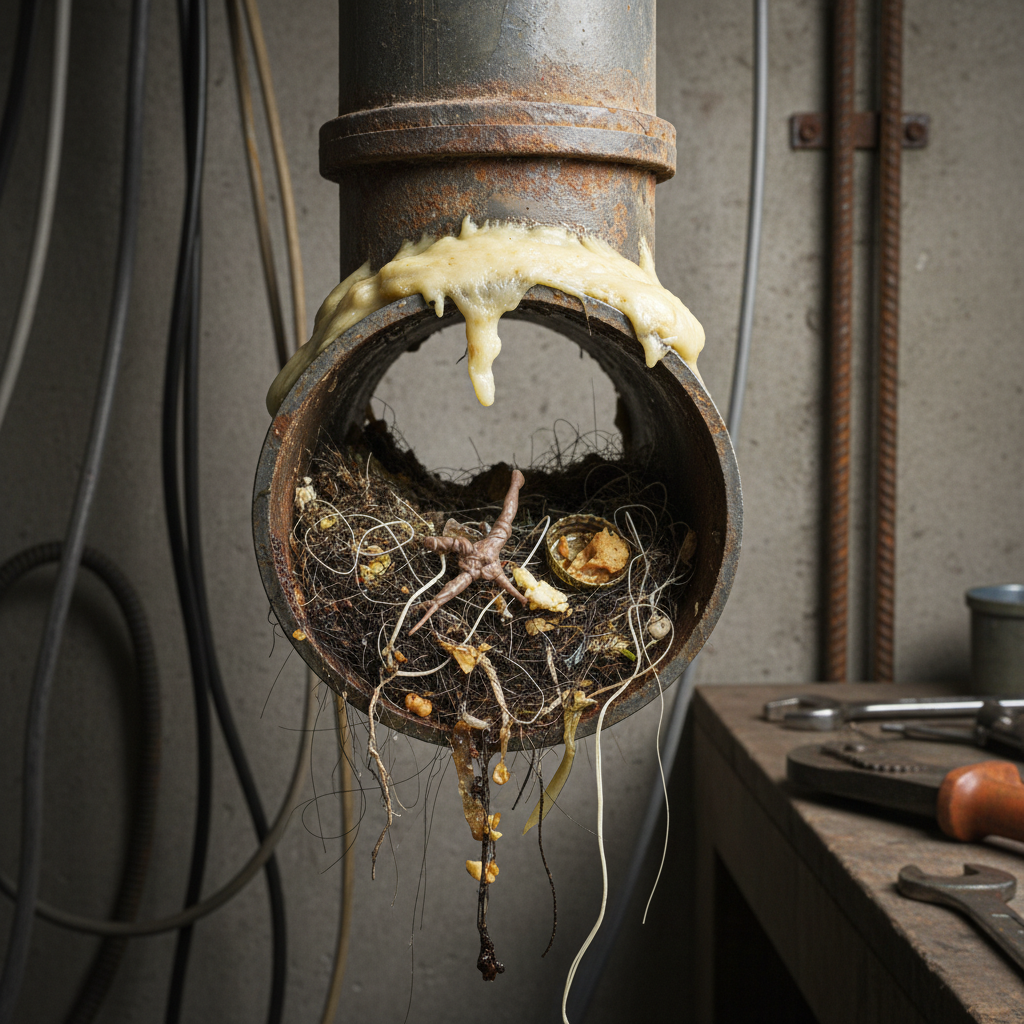 Imagem real de uma seção transversal de um encanamento com diferentes tipos de obstruções visíveis, como acúmulo de gordura, fios de cabelo, objetos estranhos e resíduos alimentares, em um ambiente técnico e detalhado.