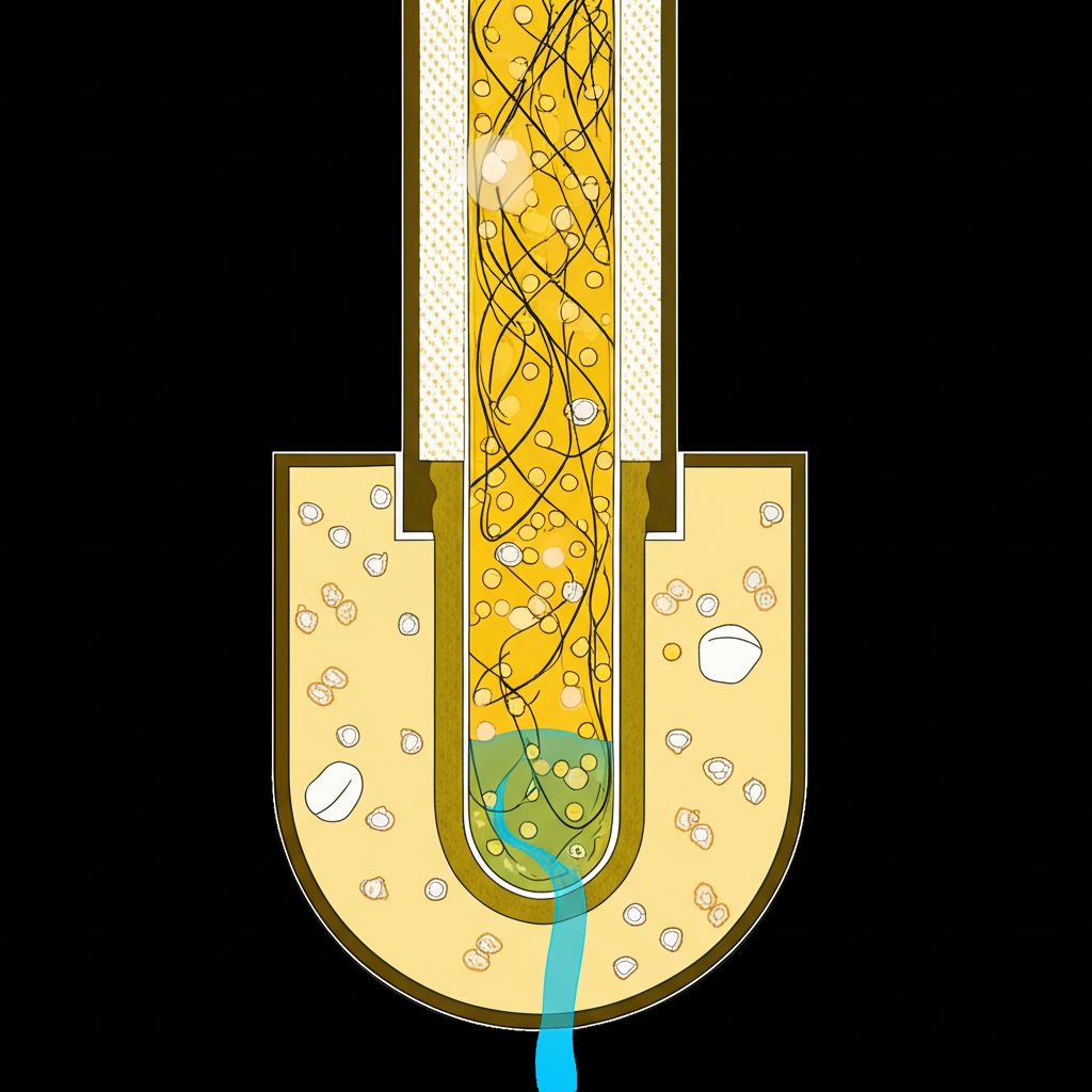 Uma ilustração de um cano de apartamento seccionado, mostrando acúmulo de cabelo, gordura solidificada e pequenos resíduos de sabão, obstruindo o fluxo de água.