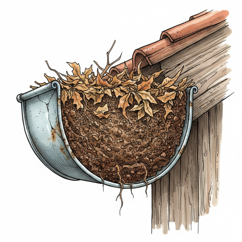 Ilustração técnica de um corte transversal de uma calha antiga, mostrando camadas compactadas de folhas secas, galhos finos e sedimentos de terra. A representação destaca a obstrução quase completa do canal, com pequenas fissuras no metal indicando corrosão incipiente.