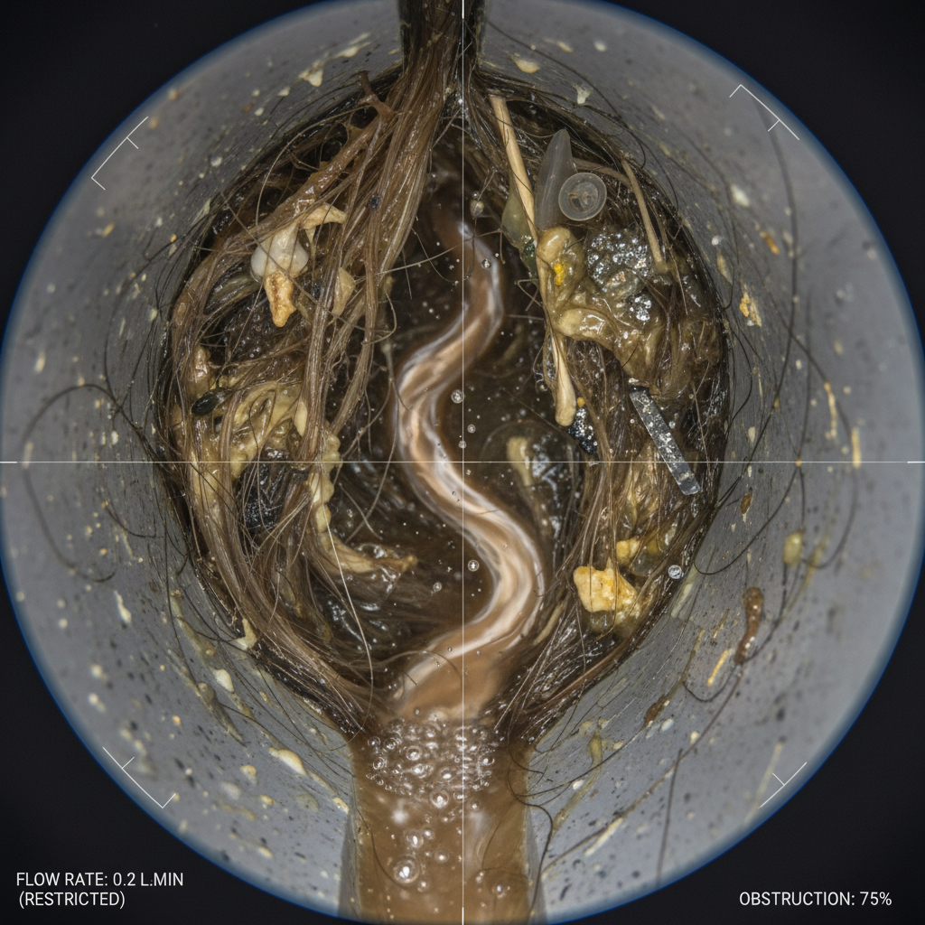 Ilustração de um cano com acúmulo de gordura e cabelo, detalhando as causas de entupimento.