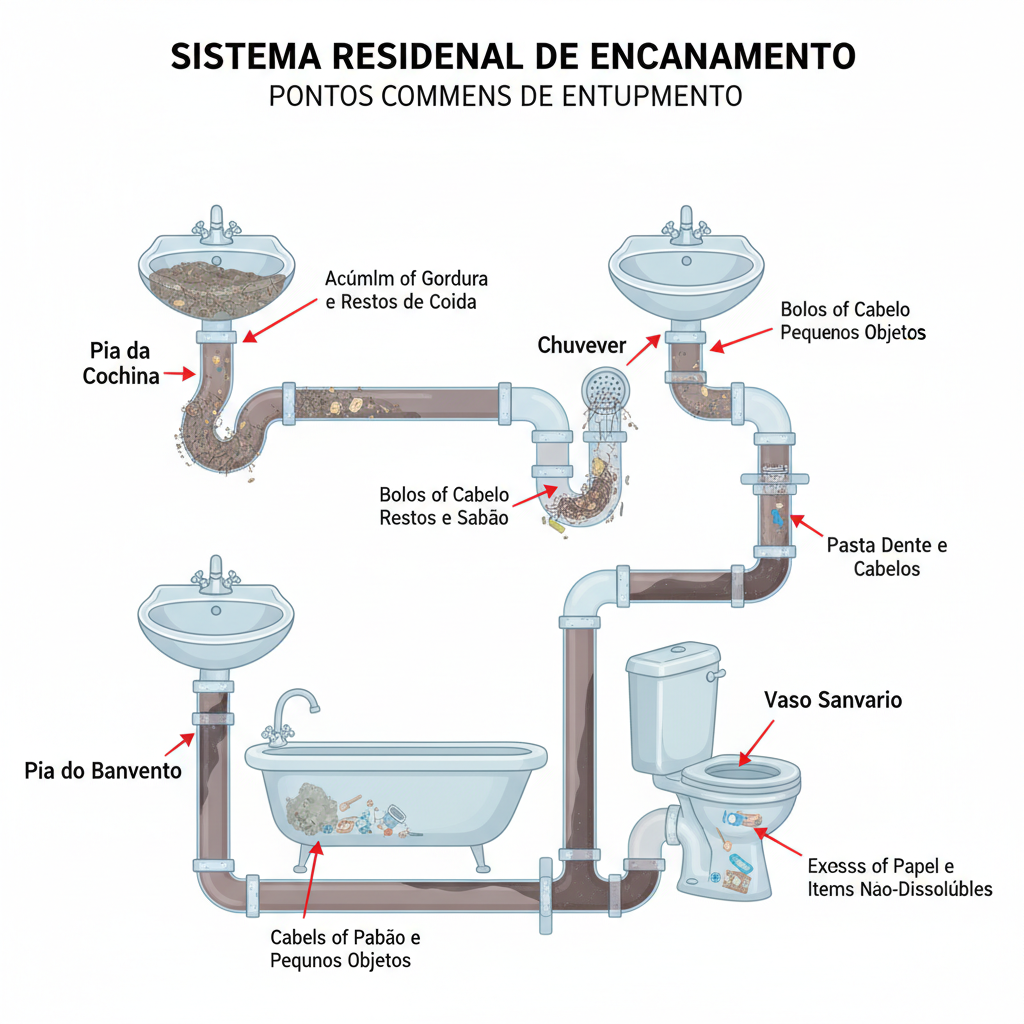 Infográfico técnico ilustrando diferentes materiais que podem causar entupimentos, como cabelos, restos de comida, gordura solidificada, pequenos objetos e lenços umedecidos, com tubulações se estreitando em cada ponto de obstrução. Detalhes realistas de cada material.