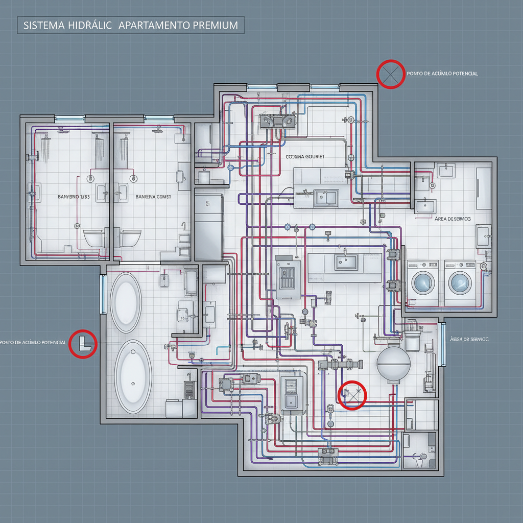 Animação gráfica mostrando o acúmulo gradual de gordura e resíduos de produtos de higiene pessoal (shampoo, condicionador, cabelo) em uma tubulação de PVC de um apartamento moderno, ilustrando a redução do diâmetro interno.