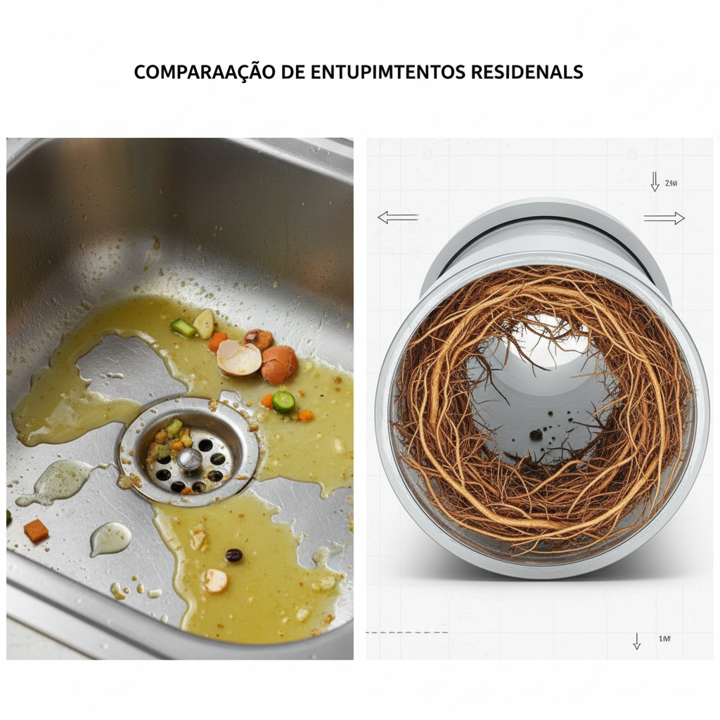 Imagens justapostas em um comparativo técnico: uma pia de cozinha com gordura solidificada e restos de alimentos no ralo, e ao lado, um corte transversal de um cano de PVC com raízes de árvore invadindo o interior, detalhando o padrão de crescimento das raízes e o efeito obstrutivo.