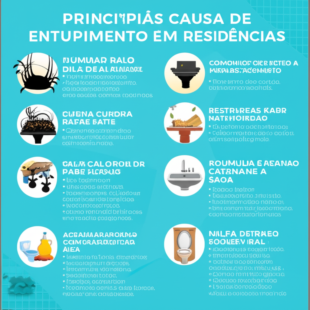 Infográfico mostrando as principais causas de entupimento em residências.