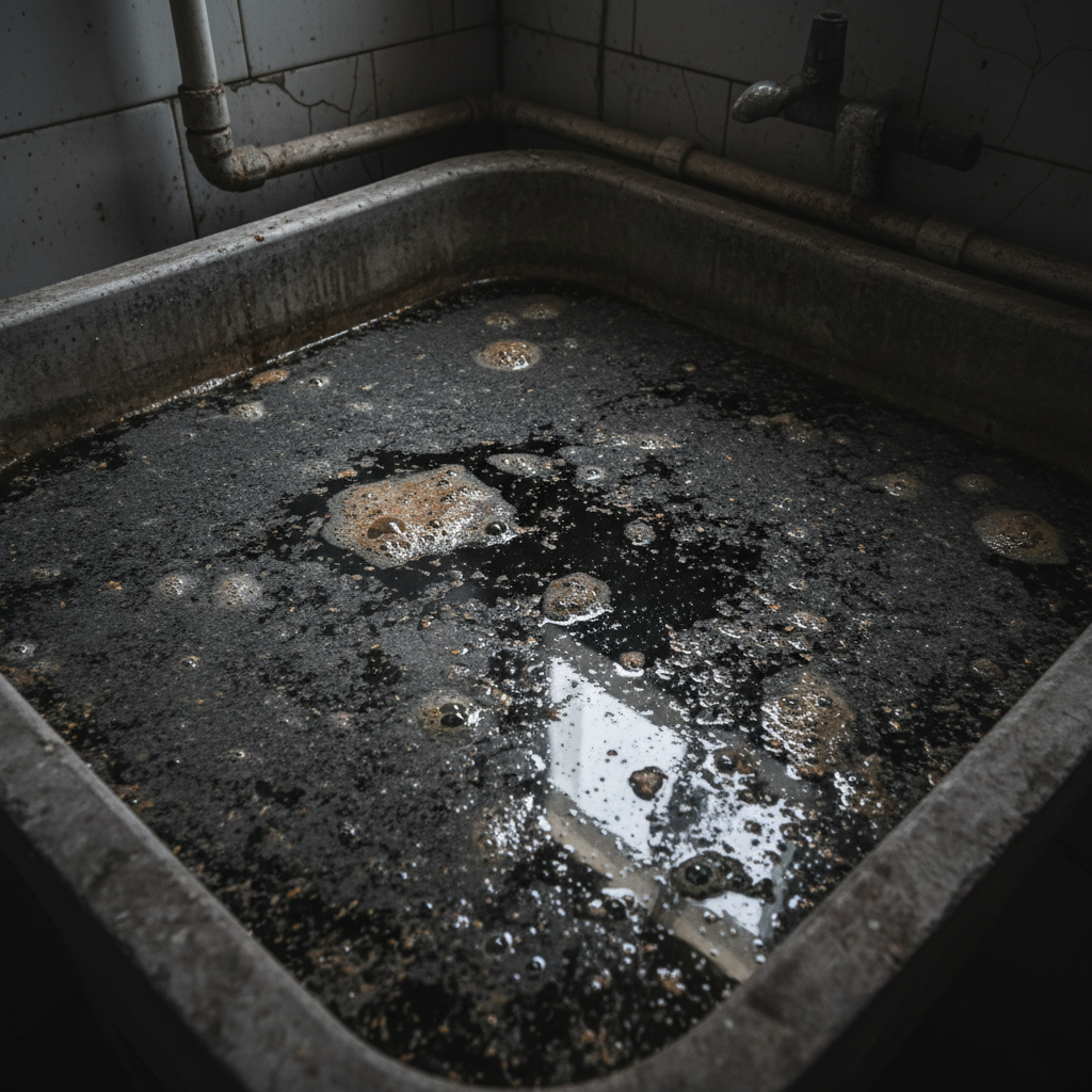 Imagem técnica de um corte transversal de um tanque de lavar roupas, mostrando a tubulação de saída com acúmulo de fiapos de tecido, cabelos, sabão solidificado e pequenos objetos, ilustrando claramente os pontos de obstrução interna. A iluminação destaca as áreas de acúmulo.