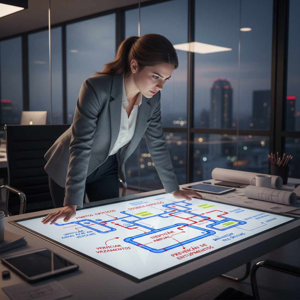 Close-up técnico de um vaso sanitário e seu encanamento interno, com setas e ilustrações indicando os pontos mais comuns de obstrução por objetos indevidos, acúmulo de papel e gordura. A imagem é limpa e didática, focando na anatomia do vaso sanitário e suas vulnerabilidades.
