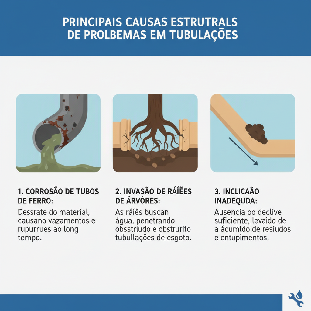 Infográfico que ilustra as principais causas estruturais: corrosão de tubos de ferro, invasão de raízes de árvores na tubulação de esgoto, e um cano com inclinação inadequada gerando acúmulo de resíduos.