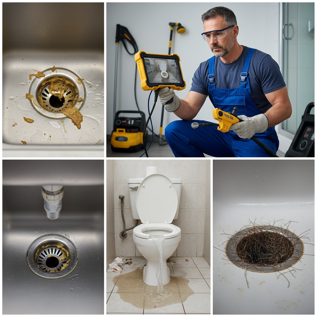 Uma imagem que ilustra diferentes cenários de entupimento em uma residência (ralo da pia com acúmulo de gordura, vaso sanitário transbordando, ralo do box com fios de cabelo) com um técnico de desentupimento devidamente equipado e focado em um monitor de vídeo inspeção no fundo, transmitindo seriedade e eficiência na resolução de problemas complexos.