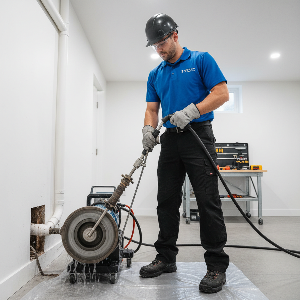 Vista frontal de um técnico de desentupimento profissional, uniformizado e com equipamentos de proteção individual (EPIs), manuseando uma máquina desentupidora de alta pressão ou rotativa. O foco é na expertise e no uso de tecnologia avançada. O ambiente é um espaço residencial, com um encanamento exposto ou um ralo que está sendo trabalhado. Iluminação clara e focada na ação.