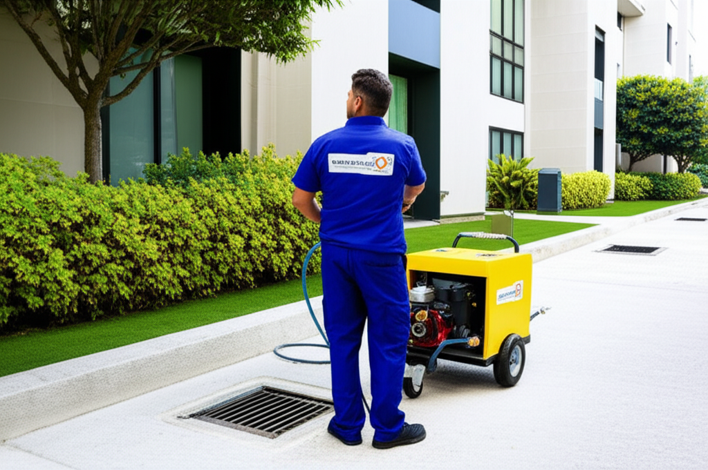 Profissional uniformizado de desentupidora operando um equipamento de hidrojateamento em um acesso de esgoto em um ambiente de condomínio premium, transmitindo segurança, eficiência e uso de tecnologia avançada. A cena é limpa e profissional.