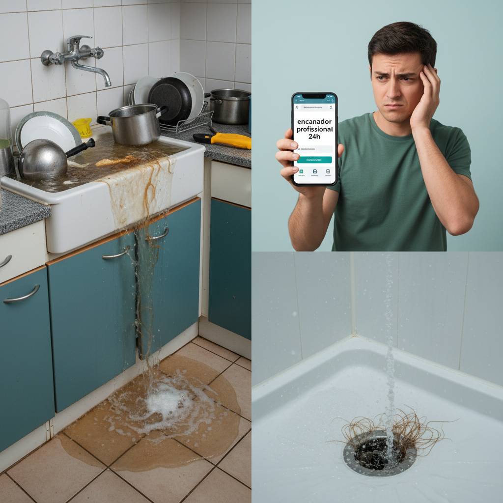 Cena doméstica com uma pia transbordando água suja e um ralo de chuveiro lento. A imagem deve evocar a frustração e os problemas de um entupimento, mas também a necessidade de procurar ajuda profissional, com uma figura humana preocupada, mas sem tentar resolver sozinha de forma amadora.