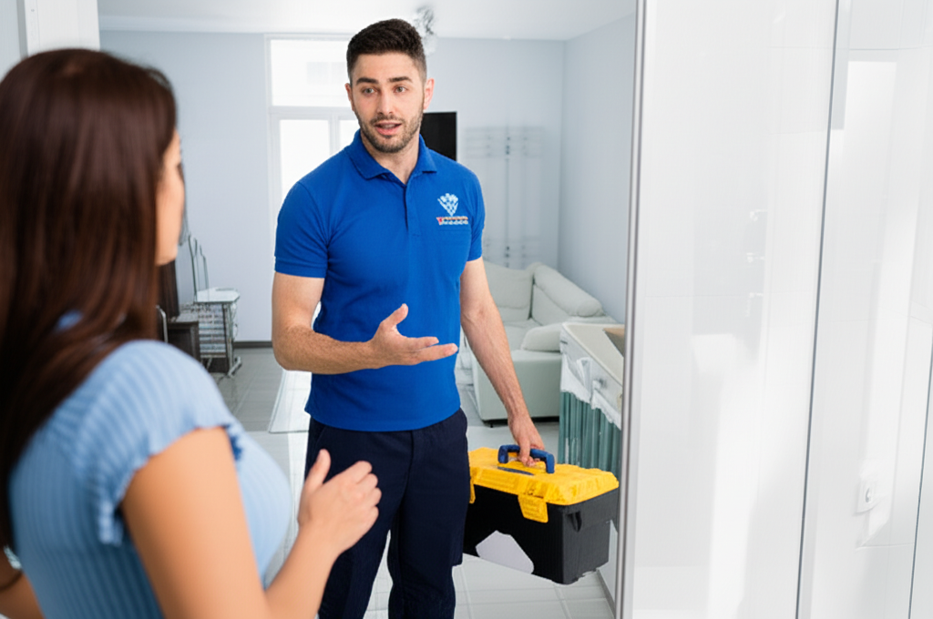 Um encanador profissional, com uniforme e caixa de ferramentas, conversando com a moradora de um apartamento, explicando o processo de desentupimento com segurança e eficiência.